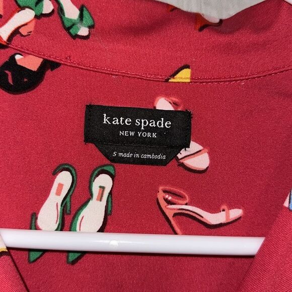 kate spade S Red Multi Stiletto Shoe Print Notch Collar Long Sleeve Pajama Set - Picture 10 of 16